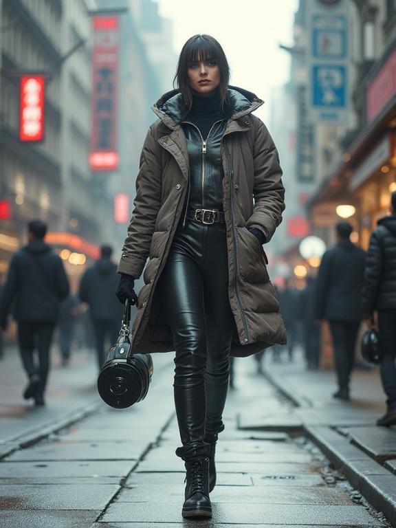 A futuristic fashion icon in avant-garde attire walks down a busy street. The setting features soft lighting and an urban atmosphere filled with people. The fashion blends high style with modern technology, creating a striking visual impact.