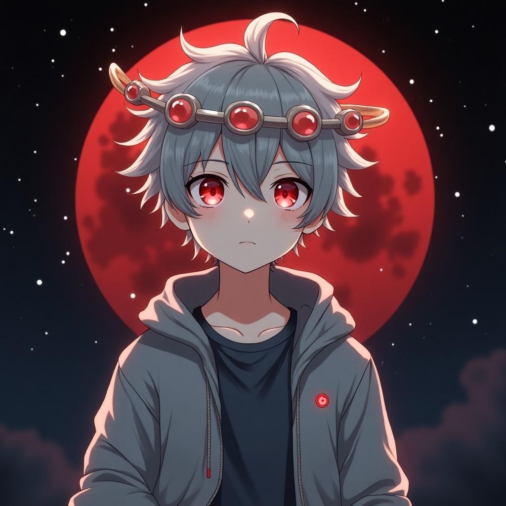 A boy dressed in a gray casual outfit with gray hair and striking red eyes. A red moon looms in the background. Clambal is worn on his head. The scene is set during the night.