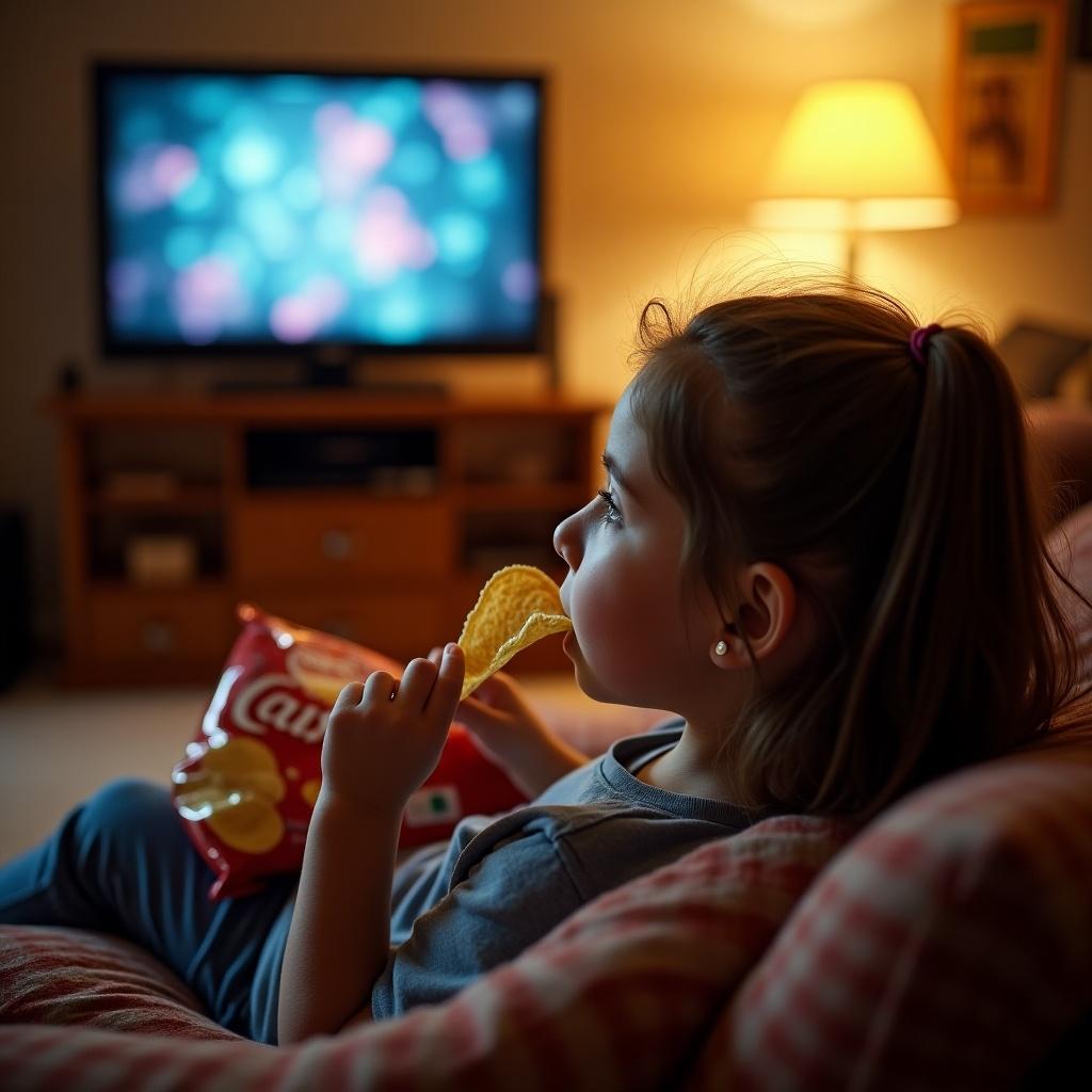 A cozy scene featuring a 10-year-old girl sitting comfortably on a couch. She is enjoying chips while watching TV, with a relaxed expression. The living room is softly lit by a lamp, creating a warm and inviting atmosphere. The girl appears content, focusing on her snack while the television displays blurred images in the background. This moment captures the simple joys of childhood and family time.