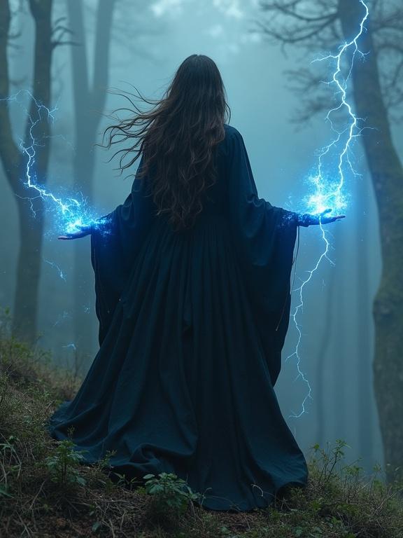 A robed witch stands on a hilltop overlooking a battlefield. She has electricity running between her hands. Mysterious and powerful aura. Setting in an enchanted forest. Long brown hair and blue eyes. Wearing dark magical earrings and flowing robes. Energy crackles around her hands.