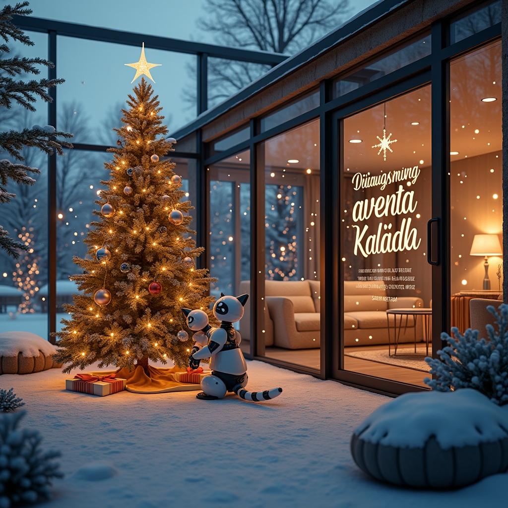 Futuristic home for Christmas. Modern tree with lights and ornaments. Two robot cats play with tree. Cozy interior with soft furniture and warm lighting. Decorative text saying 'Džiaugsmingų šventų Kalėdų'. Informative note about holiday.