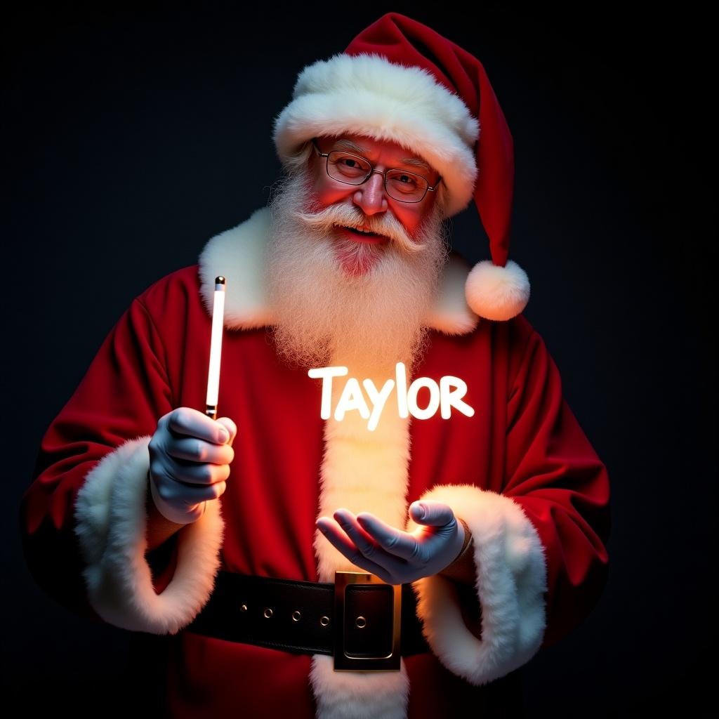 This image features Santa Claus wearing his traditional red and white suit. He is joyfully holding a glow stick that forms the name 'Taylor' in bright light. Santa's expression is cheerful, exuding warmth and holiday spirit. The dark background enhances the glow of the text, creating a magical atmosphere. This festive scene encapsulates the joy of the Christmas season and personalizes holiday greetings.