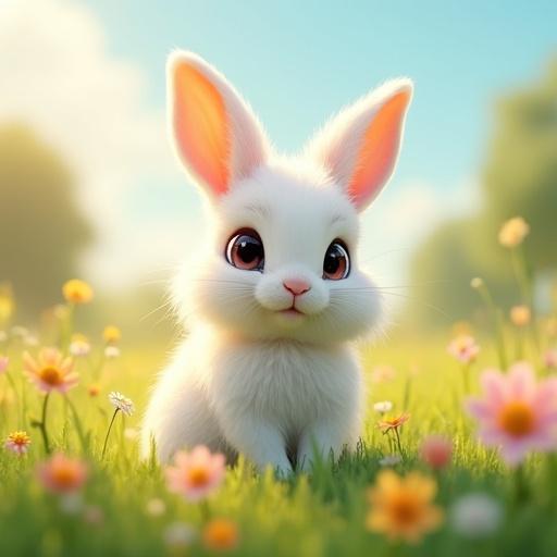 Fluffy white baby bunny with big expressive eyes sitting in a colorful meadow filled with wildflowers under warm sunlight. Gentle breeze creates motion in grass and flowers. Dreamy blurred trees and white clouds in background. Soft focus highlights the bunny's fur with rim light. Cheerful and innocent mood captured in stylized realism.