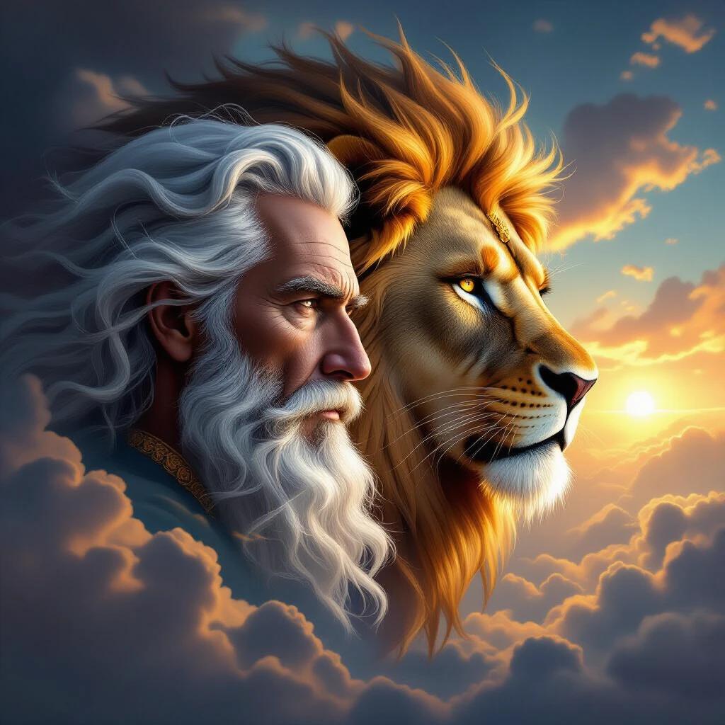 Detailed digital painting showing fusion of a mature man's face with a lion's head in profile. Both figures face right, merging seamlessly with dynamic clouds. Man has fair skin long white hair and beard. Lion has golden fur amber eye and voluminous mane. Background transitions from dark stormy clouds to glowing sunlit sky. Evokes power and harmony with cinematic lighting and dreamlike mood. Embodies aspects of Chinese culture and mythology.
