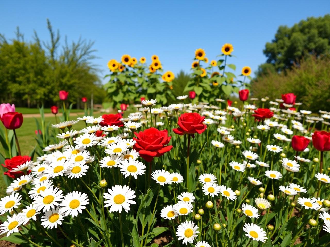 This image showcases a vibrant garden filled with an array of flowers in full bloom. In the foreground, you can find cheerful daisies and striking red roses among a few tulips. The background is adorned with tall sunflowers and lush greenery. Above, a clear blue sky accentuates the colorful flowers below, creating a picturesque outdoor scene. The overall atmosphere is lively and full of life, perfect for nature enthusiasts and floral lovers.