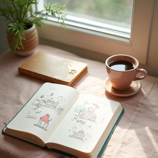 Cozy morning scene featuring cup of coffee and open notebook with doodles. Small plant included. Warm natural light illuminating the scene. Moodboard style with pastel aesthetics.
