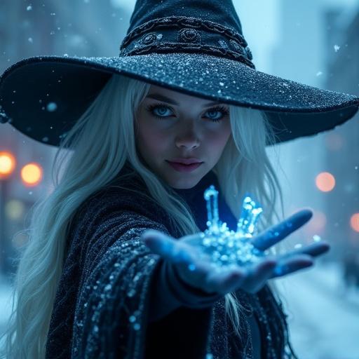 A young witch with long white hair wears a dark hat. She reaches out with one hand. Shards of ice surround her. A dark, snowy city is in the background. Lights glow in the distance.