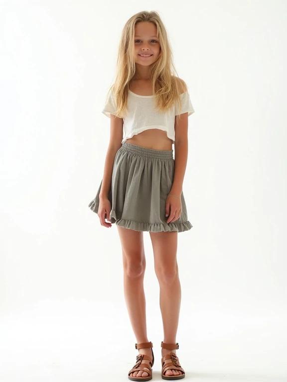 Full body portrait of a girl wearing a grey skirt and crop top. Natural blond hair styled down. Standing with confidence in sandals. Minimalistic white background.