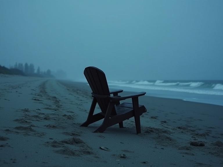 A lonely wooden beach chair on a sandy North Sea beach at dusk. Mist surrounds the sea creating a calm but eerie atmosphere. A faint silhouette of a figure is visible in the chair. Low light and minimal surroundings contribute to a detective mood.