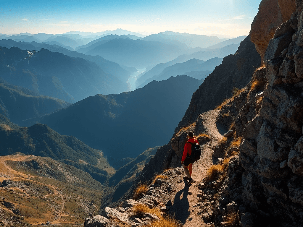 A hiker in a red jacket traverses a narrow mountain path with a panoramic view of layered peaks and valleys stretching into the horizon.