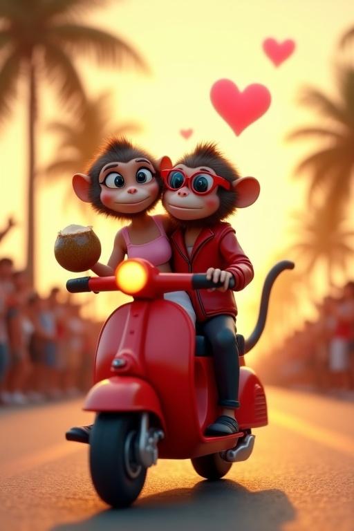 Cinematic shot of monkeys on a red scooter at Digha beach. Male monkey in red jacket and girl in pink outfit. They're taking a selfie while glowing hearts float. Cheerful crowd on the side, sunset with palm trees.