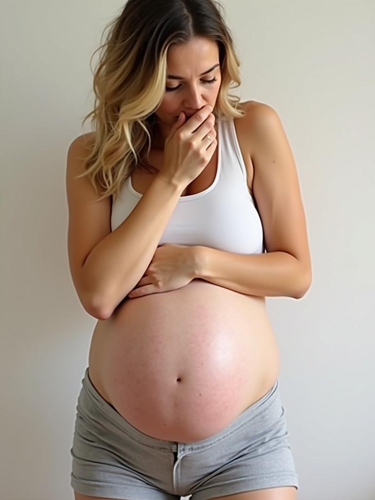 Image of a pregnant woman. The woman has a large round belly. She is wearing a tank top and shorts. One hand is on the belly. One hand is over the mouth. The background is plain and simple.