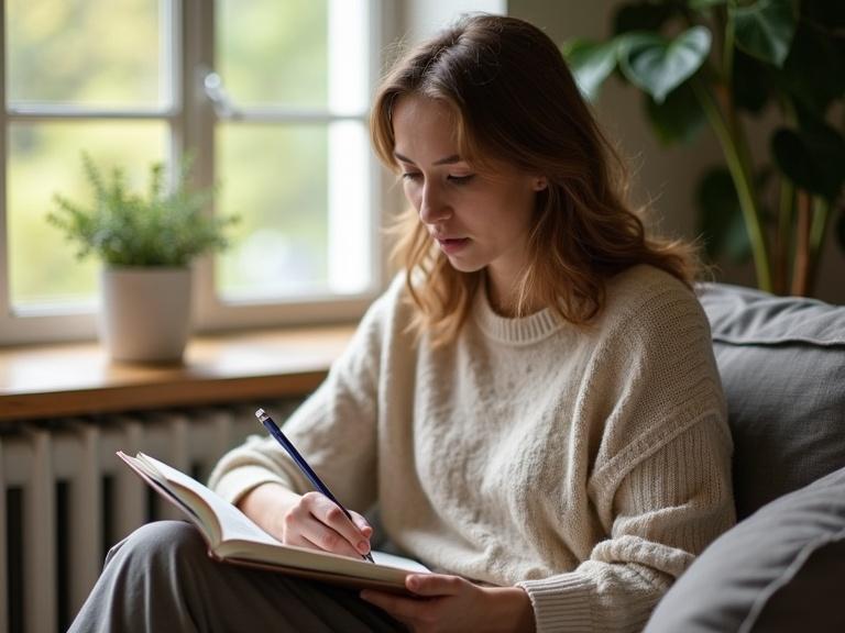 A woman writes in a journal while sitting comfortably in a sunny room. Nearby is a mindfulness app on her phone and CBT notes. The scene captures a balance of mindfulness, journaling, and CBT practices during menopause.