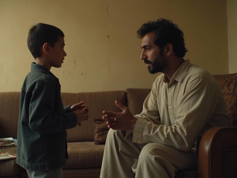A modest living room features a father and son. The father is in his forties, dressed simply, and looking exhausted. He sits on an old sofa. Yasser stands in front of him with feigned enthusiasm about buying school books. Focus on the father's hand taking 500 dirhams and Yasser's eyes sparkling with mischief.