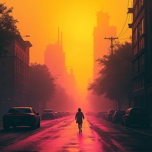 A solitary figure walks down a deserted street in a sci-fi city. The scene is enveloped in haze with warm yellow and pink hues. Tall buildings loom in the background. The composition is asymmetrical, evoking an ominous and artistic tone.