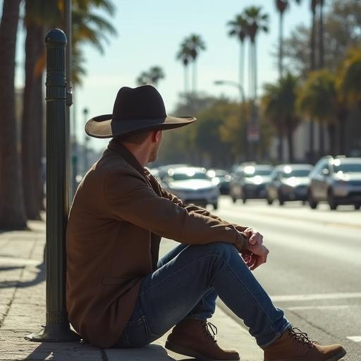Man sitting on the curb in downtown Los Angeles. Wearing a hat. Urban environment with palm trees and cars.