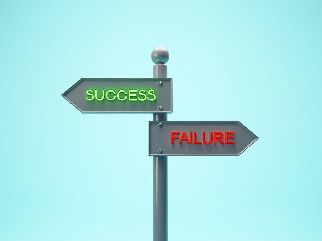 The image shows a road sign with two directions. One sign points to the right with the word 'SUCCESS' in bright green letters, suggesting a positive outcome. The other sign points to the left, displaying the word 'FAILURE' in bold red letters, indicating a negative outcome. The background is a light blue gradient, giving a clean and professional look. This image symbolizes a choice between two paths in life, prompting the viewer to consider their decisions carefully.