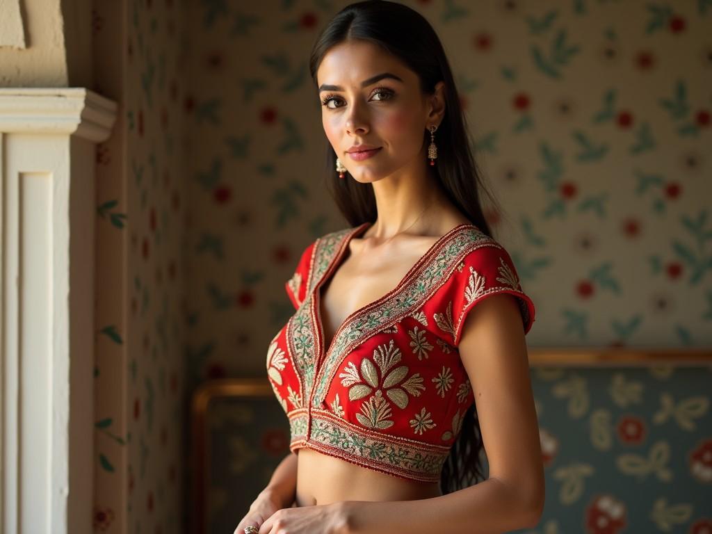 The image depicts a woman wearing a beautifully embroidered red blouse with gold floral patterns. Her long dark hair cascades over her shoulders, and she is accessorized with delicate drop earrings. The background features a softly focused floral wallpaper, complementing the intricate details of her attire. The lighting emphasizes the warmth of the scene and highlights her calm and confident expression.