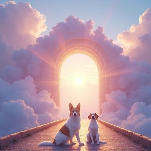 Heaven's pearl gate with glowing light. Pink, lavender, light blue clouds fill the sky. Gold street lined with two beautiful dogs at the archway.