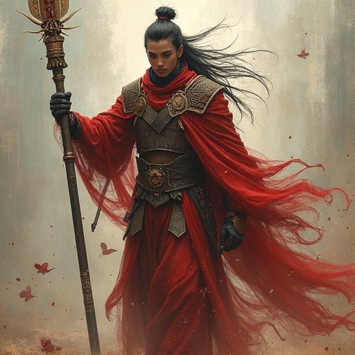 Create an image of a character in red robes wielding a staff, surrounded by butterflies. The setting is ethereal with a soft background.