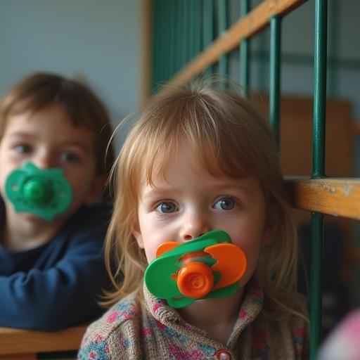 Children in a classroom setting. Kids are using oversized pacifiers. They are placed inside small cages. The environment is educational and playful. Light is soft and natural.