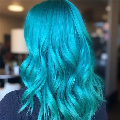 Electric cyan hair in a salon setting. Long wavy hair shines in bright light. Focus on the vivid color of hair.