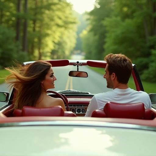 Close-up cinematic frame of a couple in a vintage Mercedes-Benz convertible. Woman smiles with hair flowing in wind. Man drives calmly down a lush green forest road. Background is motion-blurred. Soft summer lighting conveys a warm romantic atmosphere. Scene has a dreamy filmic quality.