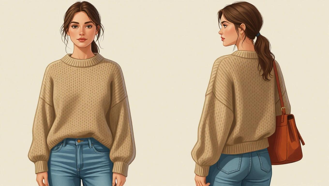 Realistic comic-style illustration of a young woman wearing an oversized wool sweater and jeans. She has light skin and long brown hair tied back. The background is neutral with natural lighting. The aspect ratio is 16:9 with room for text.