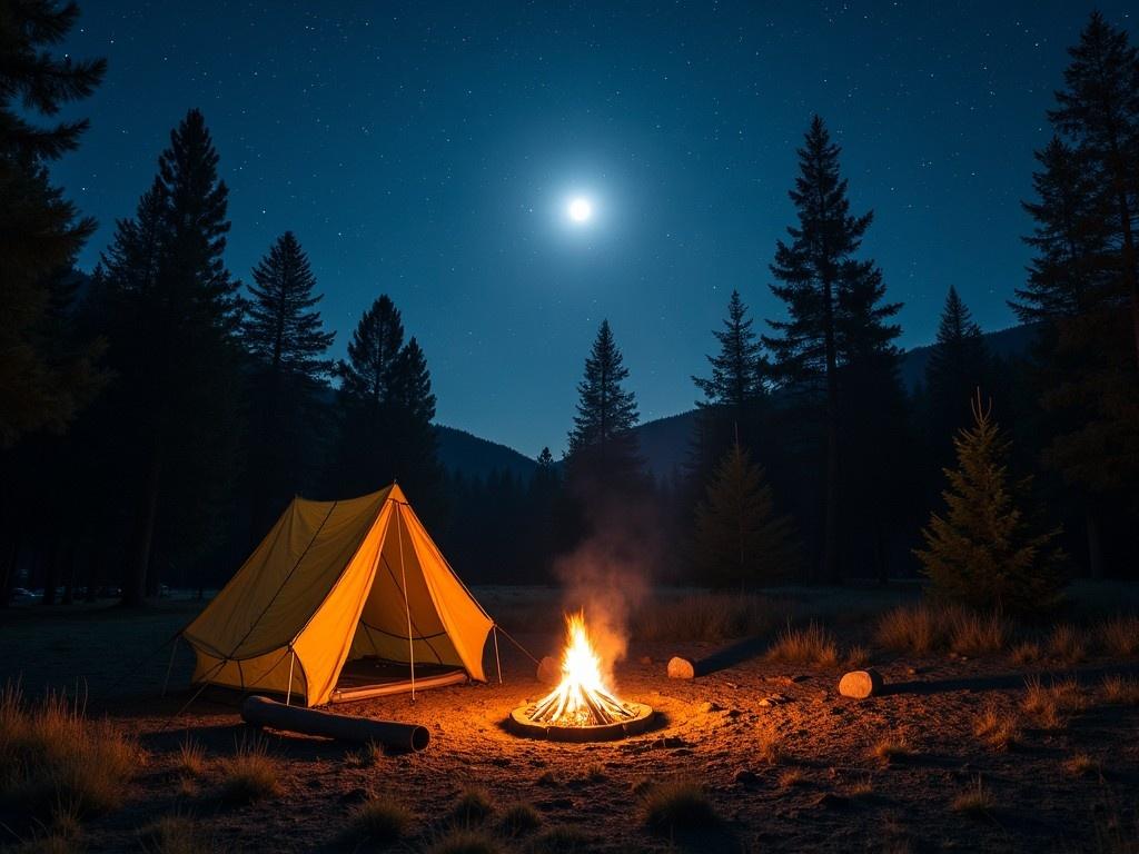 This image portrays a tranquil camping scene at night, featuring a glowing campfire in a small clearing surrounded by tall trees. A tarp shelter is illuminated from within, adding a warm glow to the scene. The sky is filled with a multitude of stars, with a bright full moon shining down. The campfire's light contrasts beautifully against the dark surroundings, creating an inviting atmosphere. A log rests near the fire, inviting campers to sit and enjoy the serene wilderness setting.