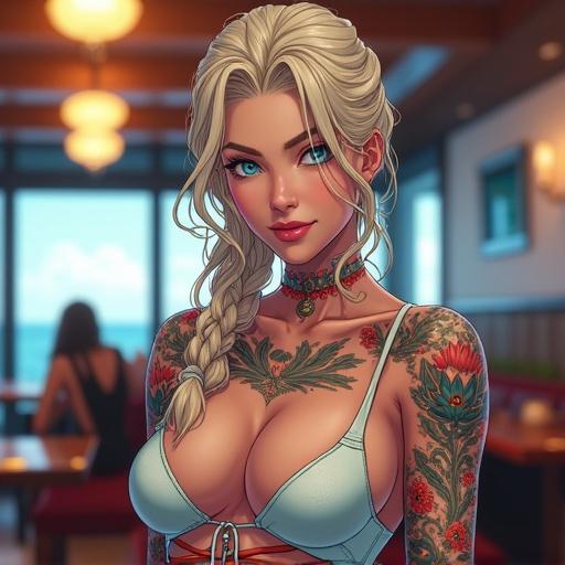 Anime scene features a woman in a modern restaurant. She has frosted blue eyes and a light blonde braided ponytail. Tattoos are colorful and depict traditional Japanese art. She wears a sexy British dress. Her expression is extroverted and confident. The setting is luxurious and contemporary, appropriate for an A-list celebrity.