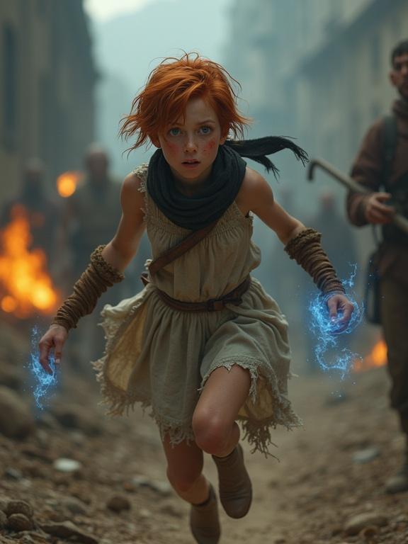Photorealistic image depicting a young woman with short chopped auburn hair running scared from a burning gallows platform. She has smooth pale skin, freckles, and pale blue eyes. Her cheeks are bruised and she is in a torn dress with ropes trailing from her wrists. She wears a torn small black scarf around her neck. Magical blue flames are emanating from her hands. In the background, rioters are chasing her with torches and pitchforks. The scene is zoomed out for a full body shot and has a fantasy aesthetic.
