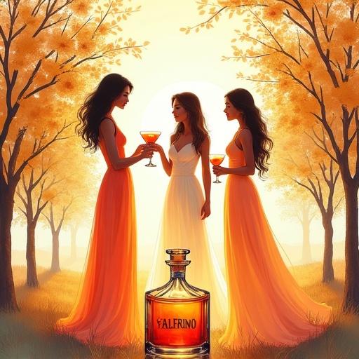 Three ethereal goddesses in a sunlit orchard. They wear flowing sundresses. They toast with cocktail glasses. An apothecary-style bottle of 'ALFRUNO' glows. The art is minimalist and elegant.