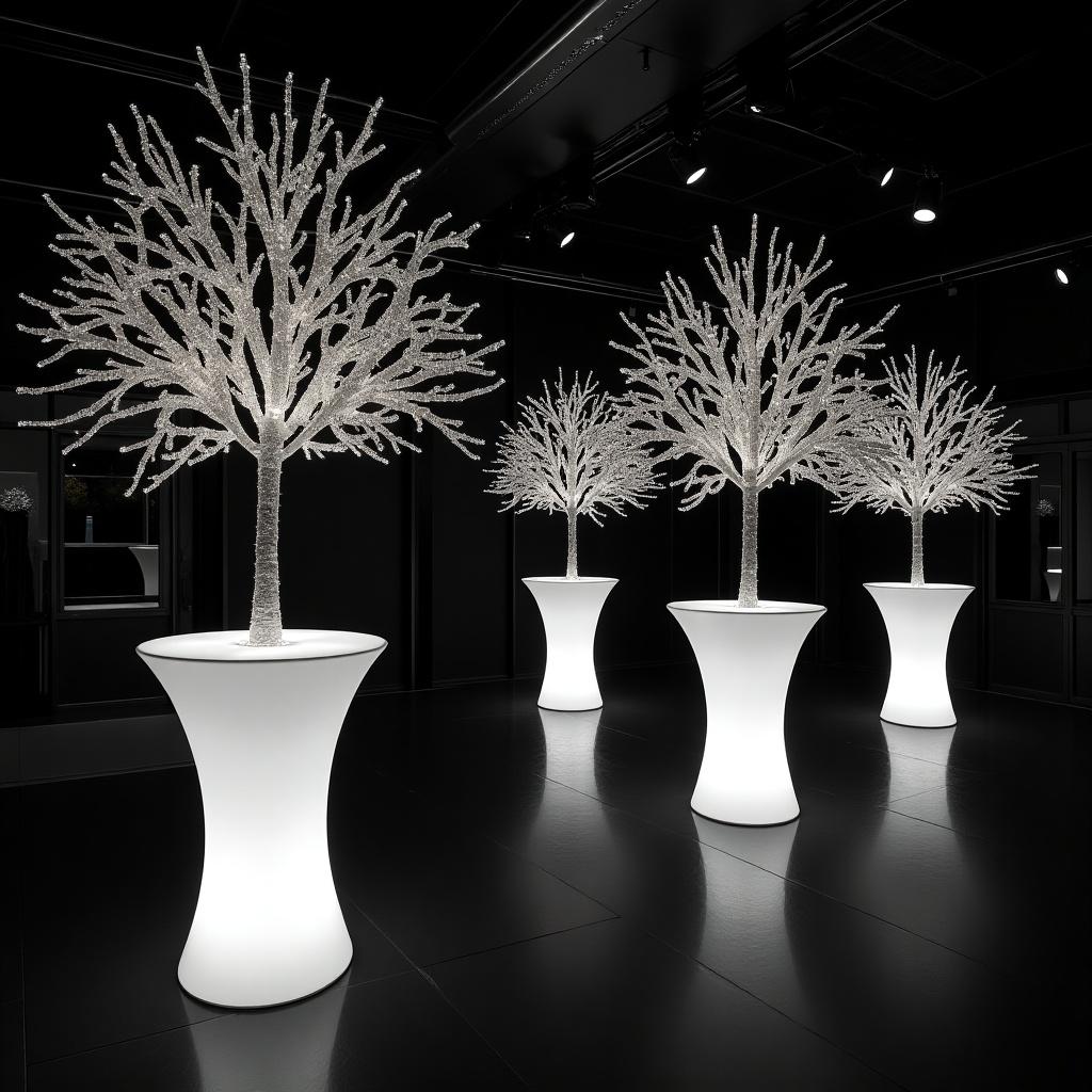 This image showcases an elegant black and white room featuring illuminated trees and glowing cocktail tables. The trees have a unique, artistic design that adds a touch of sophistication. Bright lighting creates a striking contrast against the black floor and walls. The ambiance is suitable for high-end events or art exhibitions. Overall, it presents a modern and stylish decor theme.