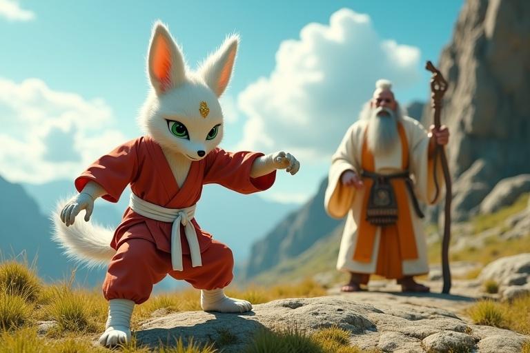 Ultra-HD 4K cinematic scene. Rocky mountain training ground. Bright blue sky. Kittuu has white fur and emerald green eyes. Practicing karate. Light red gi with white belt. Sweat glistens on fur. Bandaged feet gripping ground. Golden forehead mark glows faintly. Mahaguru watches sternly. Wearing orange-white robes. Leaning on carved wooden staff. Vibrant green grass and rocky cliffs. Golden sunlight highlighting textures.