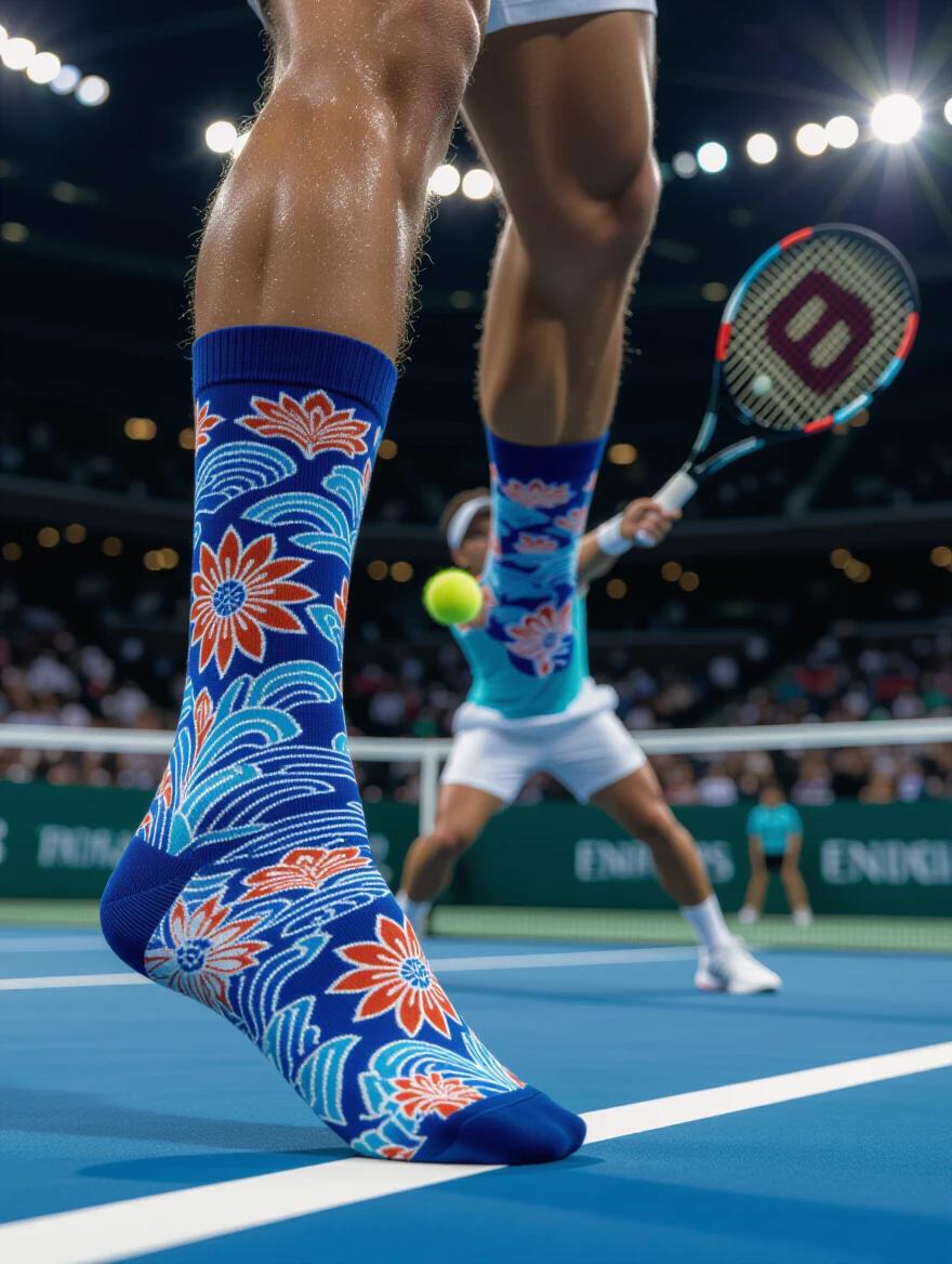 Tennis match featuring crew socks with Pekalongan batik patterns. Socks in ocean blues and coral reds with stylized sea waves and maritime flora. Athlete delivering a serve. Stadium lighting emphasizing sock details. Cultural motifs reflect Indonesian heritage.