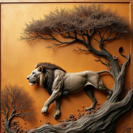 Realistic 3D embossed African trees in background and a lion jumping out from the picture.