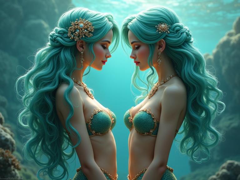 Two beautiful mermaids with intricate jewelry circle each other underwater. Art showcases turquoise-haired mermaids in an enchanting environment. Digital art captures the essence of underwater beauty.