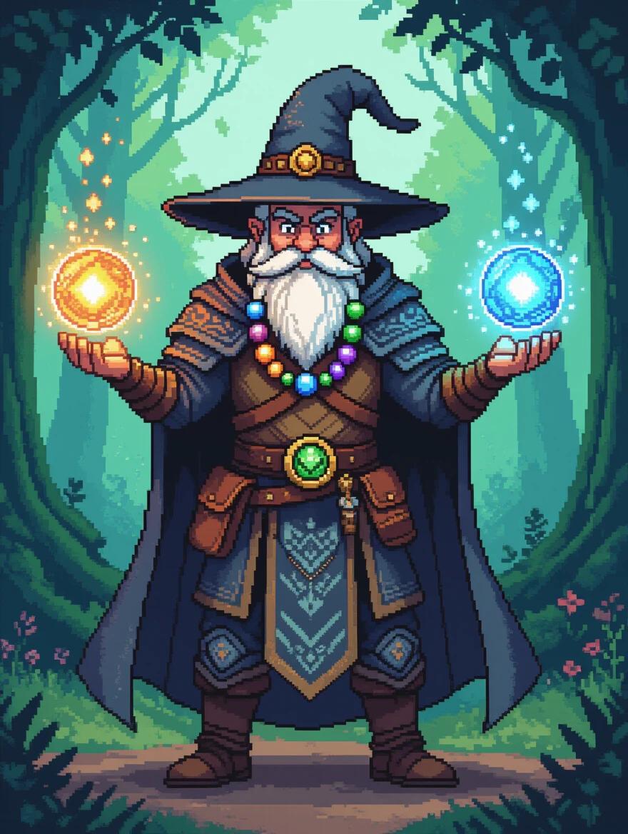 Full-body pixel art of a runic wizard holding glowing elemental spheres. Wizard wears half armor and has a large beard. Dressed in a cape and adorned with beads.