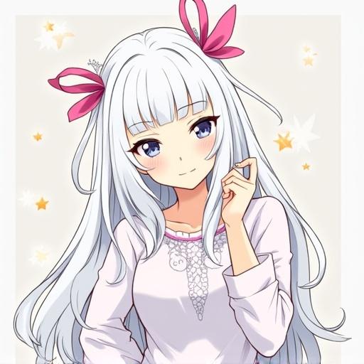 Anime character with white hair and pink bows. Character smiles and poses playfully. Background is light with small stars.