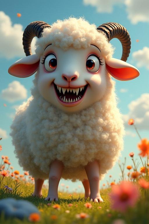 Fluffy sheep with round eyes stands in a colorful meadow. Bright blue sky fills the background. Sheep transforms into a menacing beast. Jagged black spikes replace wool. Eyes glow red with sharp teeth. Twisted horns appear on its head. Legs grow into clawed limbs. Ground cracks beneath it as fiery energy pulses.