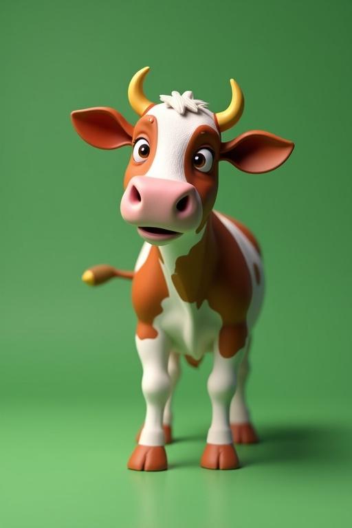 3D animated cow character on a green screen background