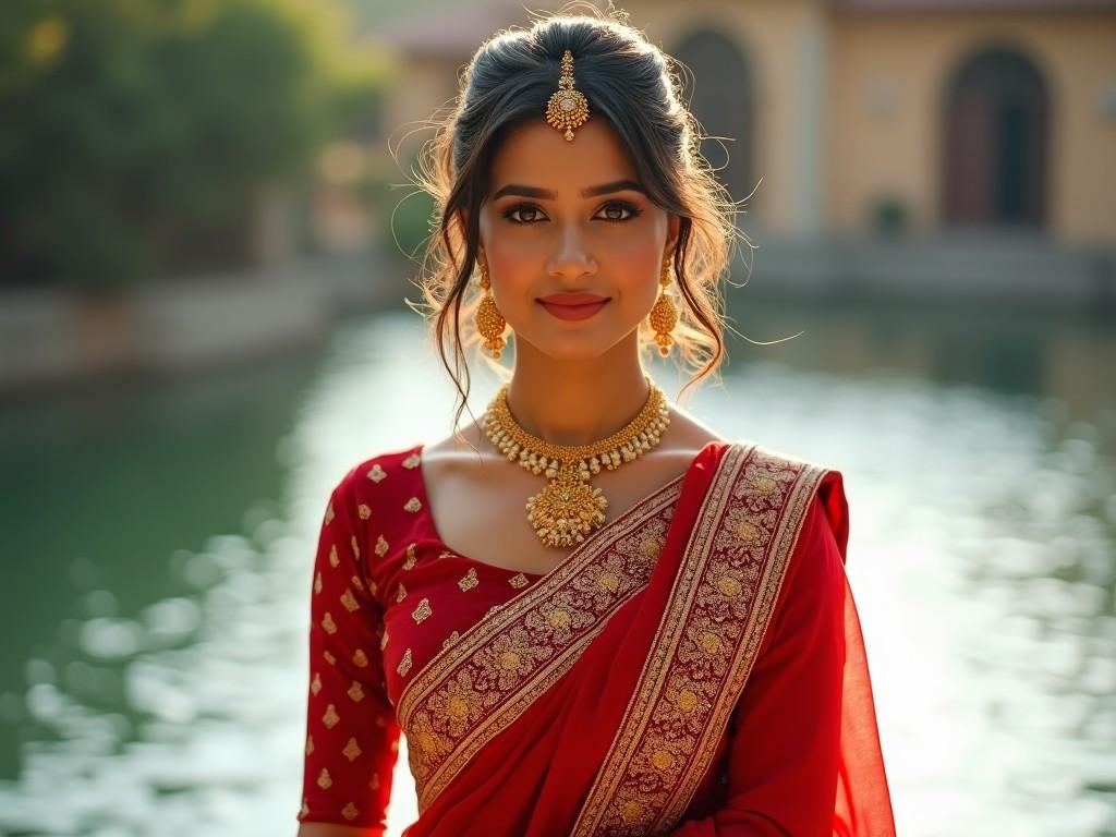 The image features a woman dressed in a stunning red saree, embellished with intricate gold designs. She has a radiant smile, highlighting her beauty. Elegant gold jewelry adorns her neck, ears, and forehead, adding to the overall grace. The background showcases a tranquil water scene, enhancing the atmosphere. The soft natural light complements her features beautifully, creating an inviting and festive mood.