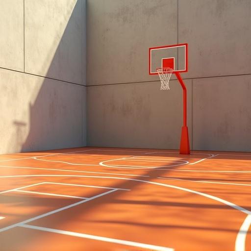 Image showcasing basketball court angles. Includes basketball hoop and court markings. Features natural light and shadows.
