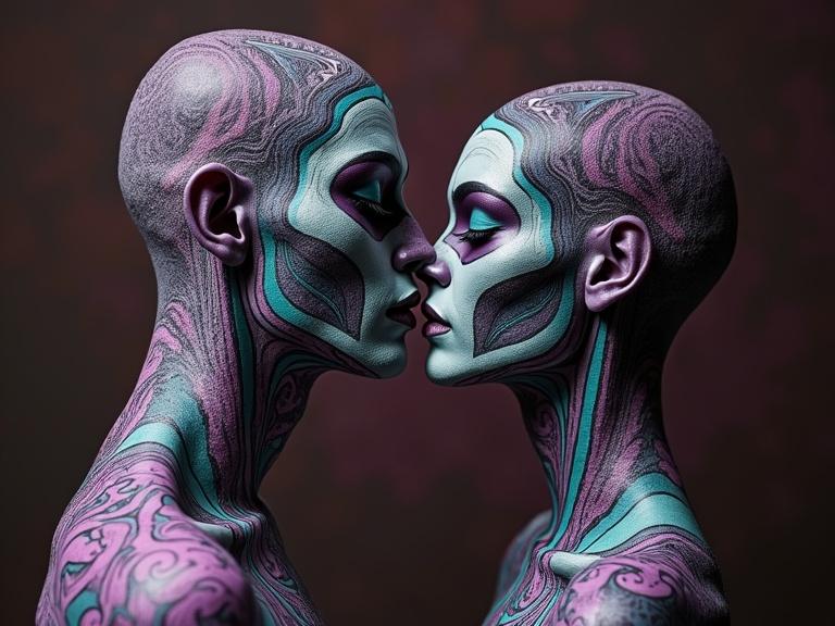 A surreal whimsical portrait of a nude couple in an eccentric pose. Shades and tones of purple, teal, and black are dominant. Skin features intricate patterns such as pin-striped and paisley designs. Background consists of contrasting brown and purple tones. The artwork is hyper-detailed and whimsical.