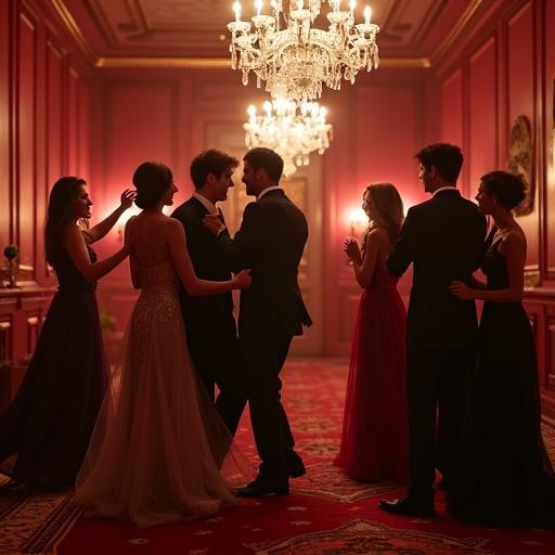 Group of 18-20 year old boys and girls dressed elegantly. They are dancing and celebrating a birthday in a classic house with burgundy walls and red Persian carpets. Crystal chandeliers and candles create a luxurious and soft atmosphere.