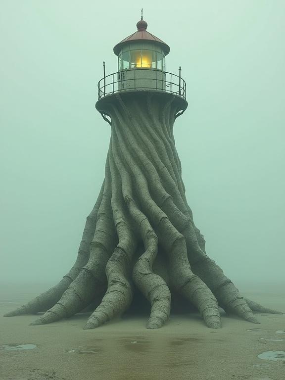 Twisted lighthouse emerges from vertebrae of a giant fossilized creature on a misty salt flat. Rusted railings twist like ribs. A window flickers with weak yellow light. Style inspired by Esao Andrews, melancholic surrealism, faded sepia tones with pale blues. Dreamlike and unsettling atmosphere.