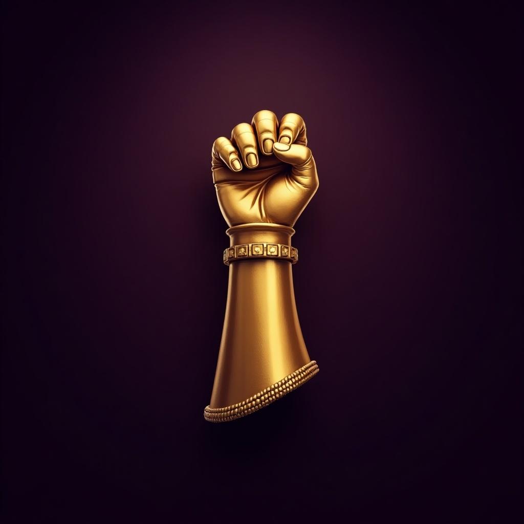 A golden war gauntlet displayed against a dark violet background.