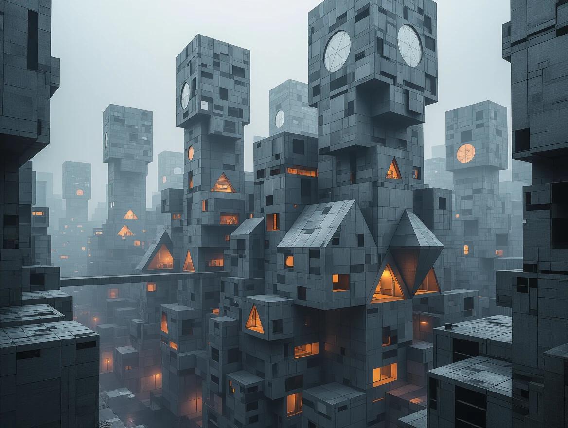 A dystopian cyberpunk cityscape. Textures of grey cardboard and wood boards. Brutalist buildings in geometric shapes like triangles and rectangles. Huge apartment complexes with silver windows and glass panels. Glowing orange lights at night. Misty atmosphere.
