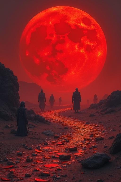 This image features a massive red moon illuminating a desert floor. The ground is covered with shards of broken glass. Shadowy armies stand in the distance, creating a haunting atmosphere. The scene evokes feelings of mystery and foreboding.