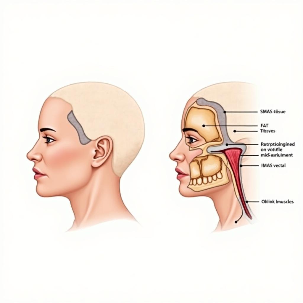 Detailed illustration of deep plane facial lift technique. Left shows cross-sectional view of facial anatomy. Right illustrates mid-face tissue repositioning with directional arrows. Labels key anatomical features like SMAS tissue and mimic muscles. Soft colors create educational tone.